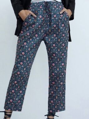 Zara high waisted blue floral print pants cotton Size Small